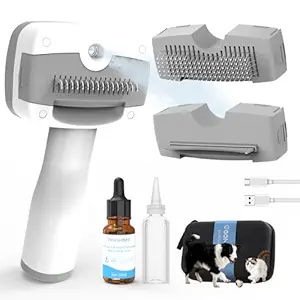 5-in-1 Steam Pet Brush for Dogs & Cats with Self-Cleaning Design, Featuring 3 Interchangeable Heads for Grooming, Dematting, and Deshedding. Includes Cat Spray Hair Removal Comb, Pet Essence, and Storage Case.