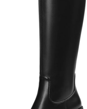 Tscoyuki Women’s Black Knee-High Suede Boots with Chunky Platform Block Heel and Square Toe