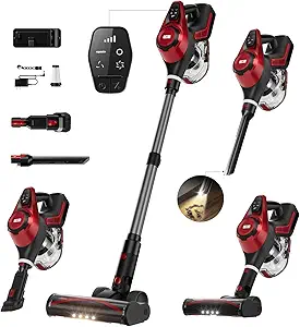 Cordless Stick Vacuum Cleaner for Home – 40KPa Suction, Smart Display, 1.5L Dust Cup, Up to 55 Minutes Runtime, Lightweight Handheld for Pet Hair, Carpets, Hardwood Floors, and Cars (Crimson)