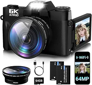 6K Digital Camera with Autofocus, 64MP WiFi Vlogging Camera for YouTube, Featuring a 3" 180° Flip Screen, 16X Zoom, 64GB SD Card, and Two Batteries — Compact Travel Camera for Beginners and Teens