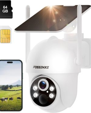 4G LTE Cellular Security Camera – Solar Powered, 2K Color Night Vision, 360° Live View, with 64GB Memory Card & SIM Card (Compatible with Verizon, AT&T, T-Mobile) – No WiFi Needed