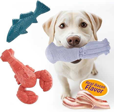 3-Pack Indestructible Dog Chew Toys for Aggressive Chewers – Tough Nylon, Bacon-Flavored Super Chewer Toys for All Breeds, Ideal for Teeth Cleaning, Training & Boredom Relief