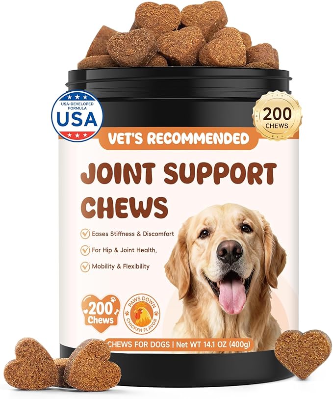 Glucosamine Hip & Joint Supplement for Dogs – 200 Chews with Chondroitin and MSM for Pain Relief and Mobility Support, Chicken Flavor