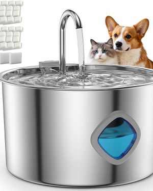 Stainless Steel Cat Water Fountain, 3.2L (108oz) Automatic Drinking Fountain for Cats and Small Dogs, Ultra-Quiet Design with 8 Replacement Filters for Indoor Use