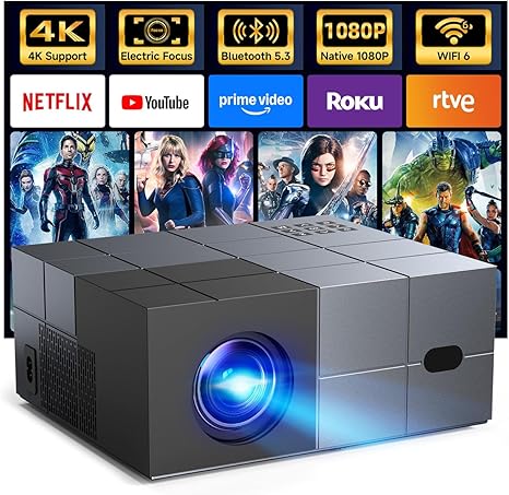 YOWHICK Portable Smart Projector – 1080P (4K Supported) with WiFi 6 & Bluetooth 5.3 | High-Brightness Outdoor & Indoor Movie Projector with Electric Focus for Home Theater, Movie Nights, and Bedroom Entertainment