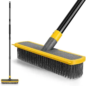 Heavy-Duty Wire Floor Scrub Brush with Long Handle – 2-in-1 Scraper & Stainless Steel Bristles for Outdoor Deck, Concrete, Patio, and Moss Removal