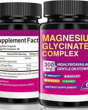 Magnesium Glycinate Capsules 300 mg – Highly Absorbable Magnesium Supplement with 60 Vegan Capsules for Muscle Relaxation, Bone Health, Sleep & Stress Support, Non-GMO