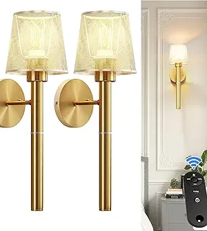 Set of 2 Battery-Powered Gold Wall Sconces – 5200mAh Rechargeable Lights with 3-Color Modes, Remote Control & Timer for Bedroom, Living Room, or Hallway
