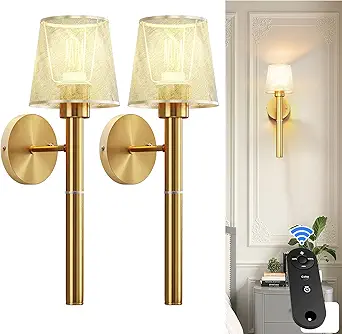 Set of 2 Battery-Powered Gold Wall Sconces – 5200mAh Rechargeable Lights with 3-Color Modes, Remote Control & Timer for Bedroom, Living Room, or Hallway