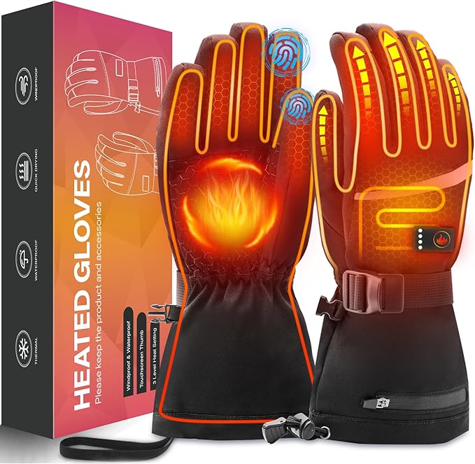 Rechargeable Heated Gloves for Men & Women – Waterproof Electric Hand Warmer Gloves with Touchscreen, Ideal for Winter Outdoor Activities, Skiing, Snowboarding, Hiking, Hunting, and Raynaud’s Relief