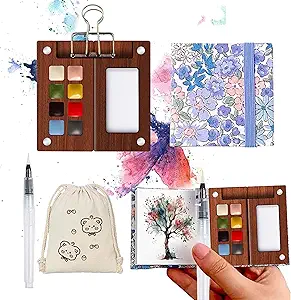 Mini Travel Watercolor Paint Palette Kit – Compact Pocket Watercolor Set with Vibrant Colors, Watercolor Sketchbook, Clips, Pens, and Wooden Paint Box for Artists and Students.