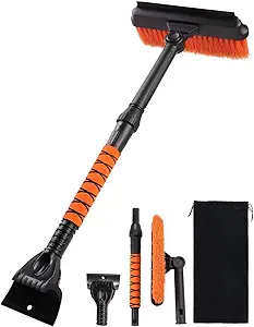 31.5" Extendable Ice Scraper and Snow Brush for Cars – Features a Foam Grip and 360° Pivoting Brush Head for Easy Winter Snow Removal on Cars, Trucks, SUVs, and Home Use.