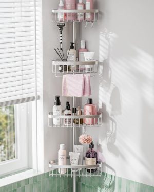Adjustable Rustproof Corner Shower Caddy – 4-Tier Tension Pole Bathroom Organizer, 47–121 Inches, Easy-Install Bathtub Storage Rack