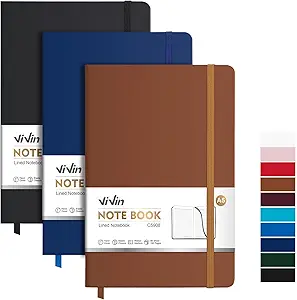ViVin Lined Journal Notebooks – 3-Pack (Black, Navy, Brown), 192 Pages, Medium A5 (5.5" × 8.3") Hardcover, College Ruled Journals for Work, Writing, School, and Note-Taking