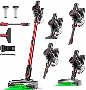 Cordless 8-in-1 Vacuum Cleaner – 45KPA Suction, 50-Min Runtime, Anti-Tangle Stick with LED Display, Lightweight & Rechargeable for Pet Hair, Carpets & Floors (Red)