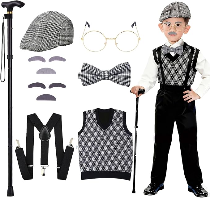 LUMIDEXA Kids 100 Days of School Costume – 8-Piece Old Man/Grandpa Dress-Up Set for Boys, Perfect for Cosplay and Party Fun