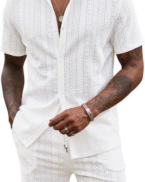 URRU Men’s 2-Piece Summer Beach Set – Hollow-Out Button-Down Shirt & Shorts, Hawaiian Matching Outfit