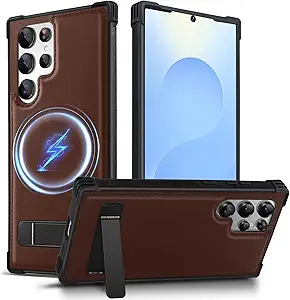 KEZiHOME Samsung Galaxy S22 Ultra Case – Genuine Leather, Strong Magnetic Hold, Built-in Kickstand, Military-Grade Drop Protection, 5G Compatible (Brown)