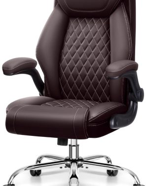 Big and Tall Executive Leather Office Chair with Rocking Function, Ergonomic Computer Chair with Lumbar Support and Flip-Up Armrests, Ideal for Home Office and Gaming Comfort