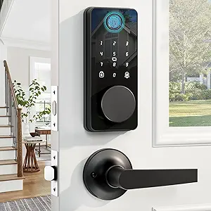 Smart Door Lock with Handles featuring fingerprint recognition, app control, and keyless entry. This electronic keypad deadbolt supports auto-lock and one-touch locking, offers IP54 water resistance, and is designed for quick and easy installation with digital smart code access.