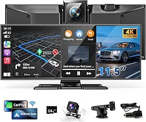 11.5" Wireless CarPlay & Android Auto Touchscreen for Cars – Portable 4K Dash Cam, App Control, Backup Camera, Mirror Link, Voice Control, GPS, Bluetooth – Compatible with All Vehicles