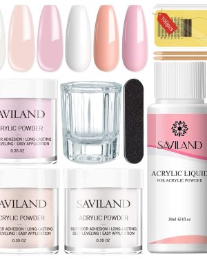 Saviland Acrylic Nail Starter Kit featuring clear, pink, and nude acrylic powders with liquid monomer, brush, nail files, nail forms, press-on nails, and a complete home practice set.
