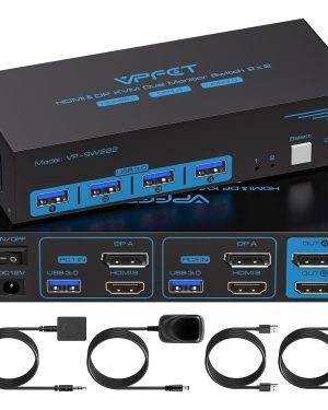 Dual Monitor KVM Switch for 2 Computers – Supports 4K@120Hz and 8K@60Hz (HDMI/DisplayPort), Share Keyboard, Mouse, and Two Displays with USB 3.0 & Remote Controller