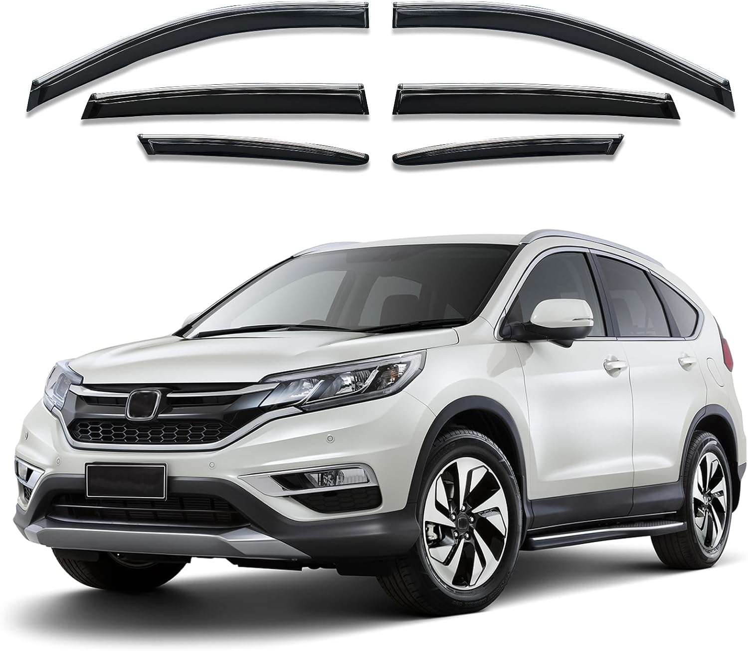 Shatterproof Out-Channel Rain Guard Window Deflectors for Honda CR-V 2012–2016. Durable Chrome Window Visors for Ventilation. Includes 6 Pieces.