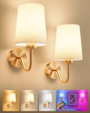 Enhance your space with the Ouyulong Gold Wall Sconces Set of 2, featuring wireless rechargeable battery power, dimmable RGB lighting, and convenient remote control—perfect for bedrooms, living rooms, and hallways.