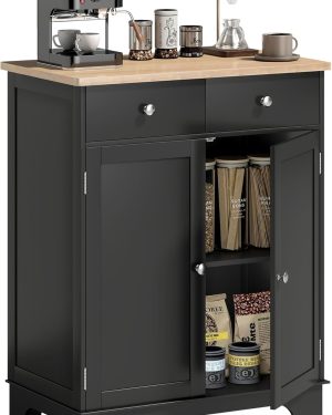 HOMCOM Modern Sideboard Buffet Cabinet – Solid Wood Countertop, Kitchen Storage with 2 Drawers, Doors, and Adjustable Shelf, Black – Ideal as Coffee Bar or Dining Storage