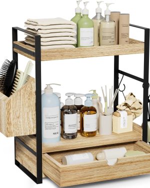 Aollewoiti 2-Tier Bathroom Counter Organizer – Wood Vanity Shelf with Drawer & Basket, Perfect for Skincare, Toiletries, and Bathroom Storage