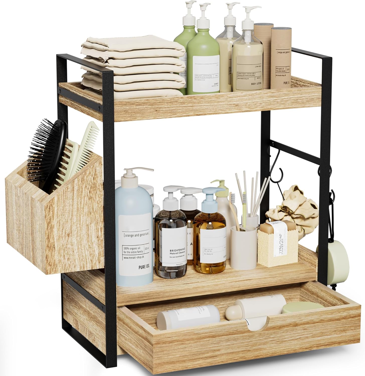 Aollewoiti 2-Tier Bathroom Counter Organizer – Wood Vanity Shelf with Drawer & Basket, Perfect for Skincare, Toiletries, and Bathroom Storage