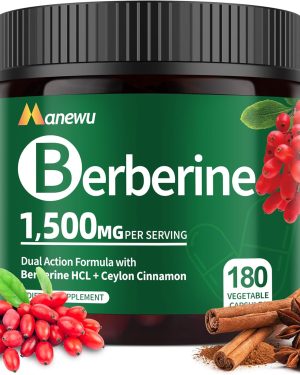 Organic Berberine Supplement (180 Capsules) with Ceylon Cinnamon & Citrus Bergamot — 1500 mg Berberine Complex, Cinnamon Support Formula, 3-Month Supply