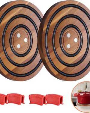 2-Piece Magnetic Wooden Trivets – Acacia Wood with Black Silicone Rings, Magnetic Pot Holders for Le Creuset Enameled Cast Iron Dutch Ovens & Skillets