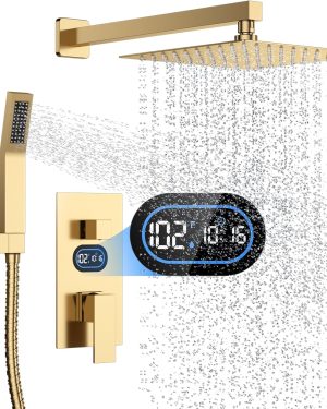 Brushed Gold Wall-Mounted Shower System with 10-Inch Shower Head, Handheld Spray, and Hydro-Powered Temperature Display
