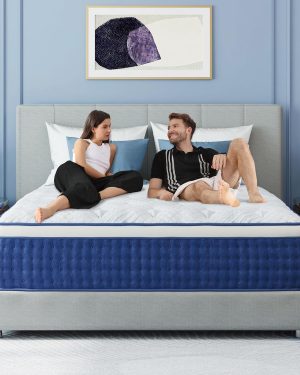 King Size 14-Inch Hybrid Mattress in a Box featuring individually pocketed springs for superior motion isolation and pressure relief. Designed with enhanced edge support, fiberglass-free materials, a medium firmness feel, and backed by a 365-night sleep trial.