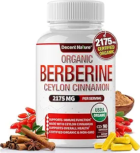 Organic Berberine with Ceylon Cinnamon (2175 mg) – Premium, high-purity USDA Organic berberine extract formulated to support immune health. Berberine Plus Complex made with non-GMO, vegan ingredients for both men and women. 90 capsules.