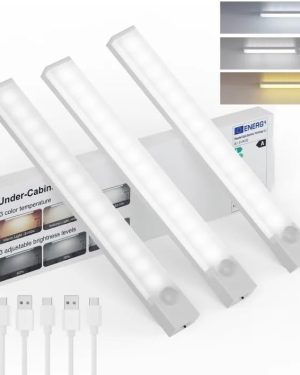 3-Pack Under Cabinet LED Lights – 8” Rechargeable, Motion Sensor, 3-Color Dimmable, USB & Battery Operated, Magnetic Stick-On for Kitchen, Closet, Stairs, and Indoor Use