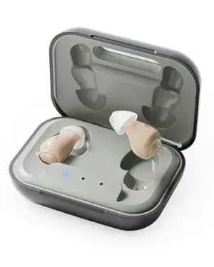 Rechargeable OTC Hearing Aids for Seniors with Noise Reduction, Designed to Deliver Clear Sound and Comfortable All-Day Wear for Adults with Hearing Loss, Invisible In-Ear Design with Automatic On/Off Feature (Light Gray).