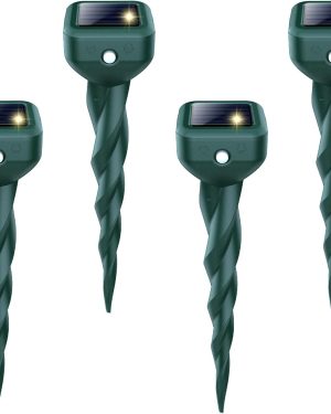 4-Pack Solar-Powered Mole & Animal Repellent Stakes – Ultrasonic Yard Deterrent for Snakes, Skunks, Rabbits, Gophers, Voles, Chipmunks, Deer, and Groundhogs – IP65 Waterproof for Lawns & Gardens
