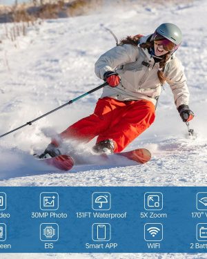 5K Action Camera – 30FPS, Waterproof Up to 131FT, EIS Stabilization, WiFi & App Remote, 170° Wide-Angle, Sports Helmet & Bike Camera, Black, Includes 64GB Memory Card