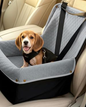 Dog Car Seat for Small to Medium Dogs – Travel Pet Car Bed with Removable Waterproof Cover, Memory Foam Booster Seat for Dogs Up to 35 lbs, Includes Safety Belt and Storage Pocket (Gray)