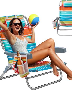 5-Position Aluminum Folding Beach Chair for Adults – Lightweight Portable Chair with Cooler, Storage Pouch, Towel Bar, Cup & Phone Holders, Multicolor Stripe