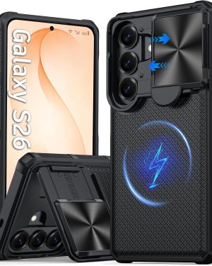 Magnetic Samsung Galaxy S26 Case – Slide Camera Cover, Built-in Kickstand, MagSafe Compatible, Military-Grade Shockproof Rugged Protection – Black