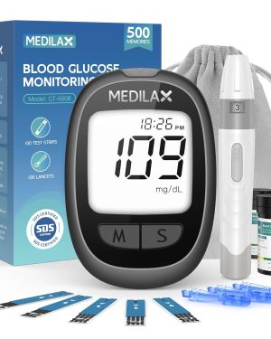 Medilax Blood Glucose Monitor Kit, 100 Test Strips & 100 Lancets Blood Sugar Testing Kit with Glucometer and Lancing Device, No Coding, 500 Storage Glucose Monitor for Home Use, Diabetes Testing