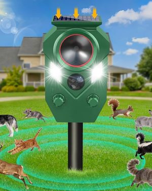 Ultrasonic Animal Repeller Outdoor - Cat Repellent & Deterrent with PIR Sensor & Flashing Light,Solar Powered Deer Repellent for Squirrels, Raccoons, Skunks, Rabbits,and Dogs, IP65 Waterproof （1 Pack）